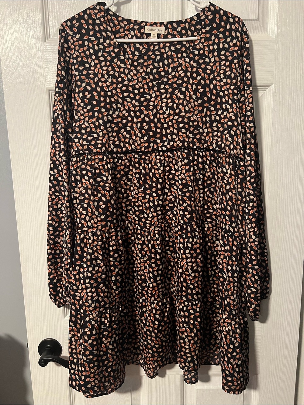 Black Tiered Dress with Orange Leaf Print